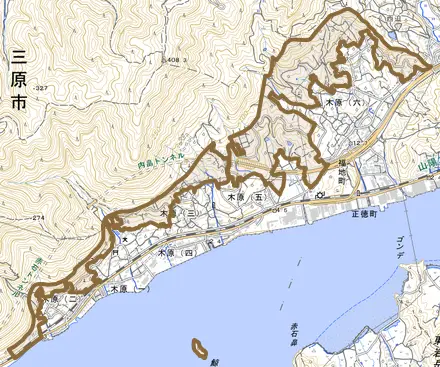 木原町とその周辺の地図。町の範囲を重ねている