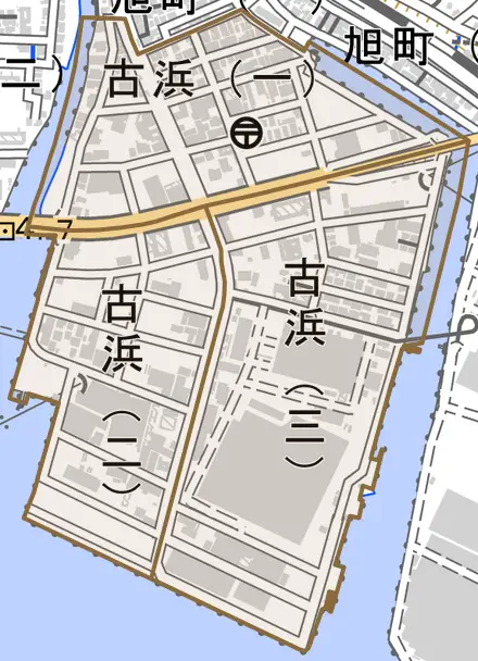 古浜とその周辺の地図。町の範囲を重ねている