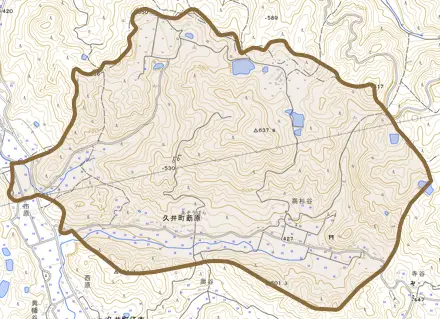 久井町莇原とその周辺の地図。町の範囲を重ねている