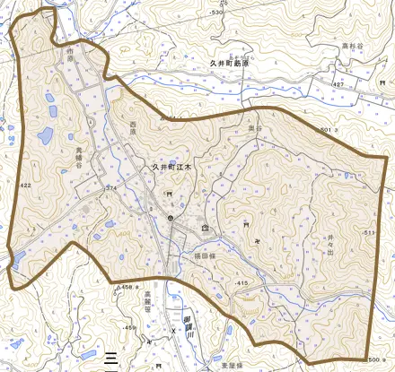 久井町江木とその周辺の地図。町の範囲を重ねている