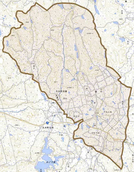 久井町羽倉とその周辺の地図。町の範囲を重ねている