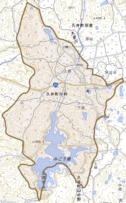 久井町小林とその周辺の地図。町の範囲を重ねている