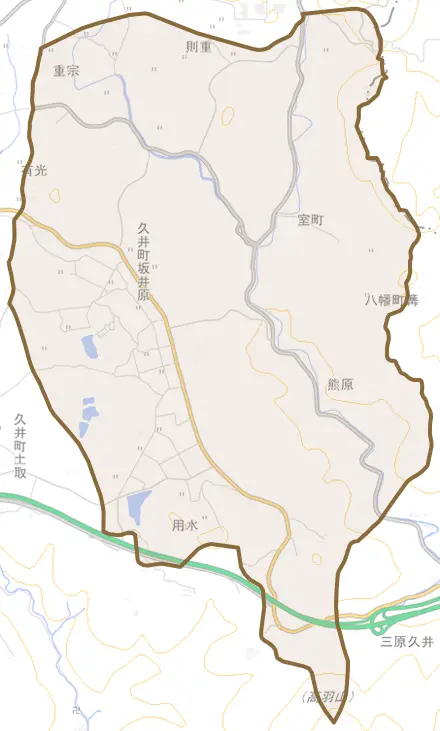 久井町坂井原とその周辺の地図。町の範囲を重ねている