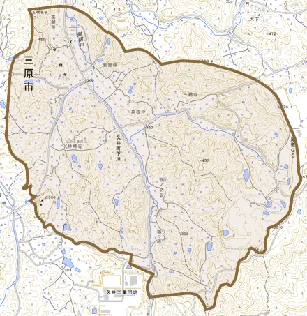 久井町下津とその周辺の地図。町の範囲を重ねている