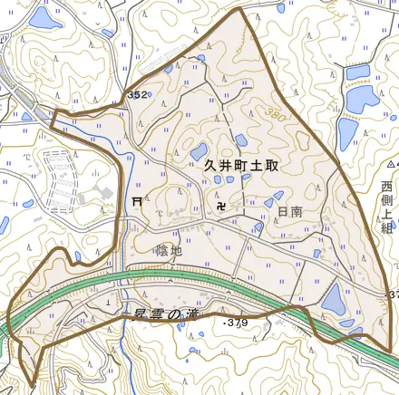 久井町土取とその周辺の地図。町の範囲を重ねている