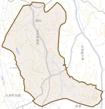 久井町和草とその周辺の地図。町の範囲を重ねている