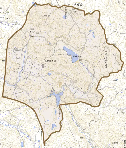 久井町吉田とその周辺の地図。町の範囲を重ねている