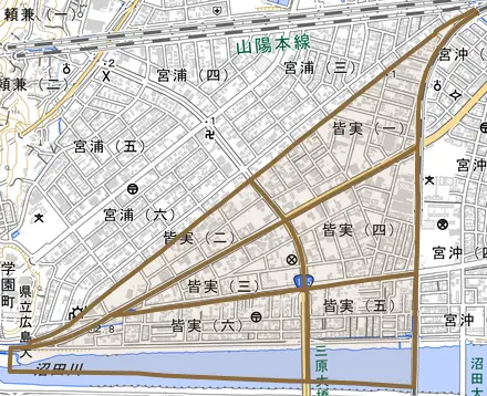 皆実とその周辺の地図。町の範囲を重ねている