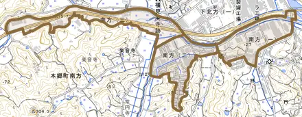 南方とその周辺の地図。町の範囲を重ねている