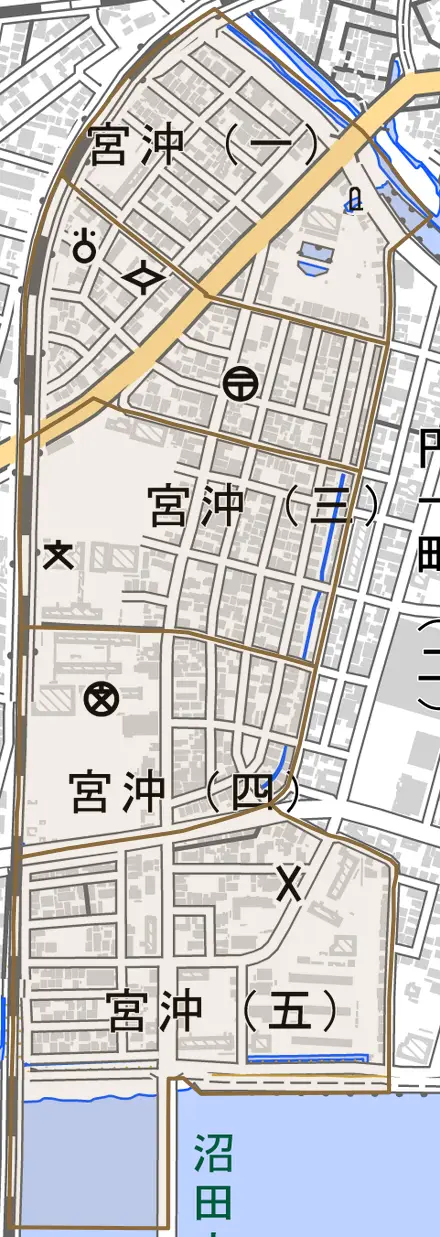 宮沖とその周辺の地図。町の範囲を重ねている