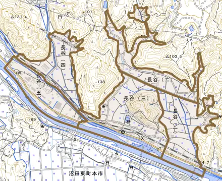 長谷とその周辺の地図。町の範囲を重ねている