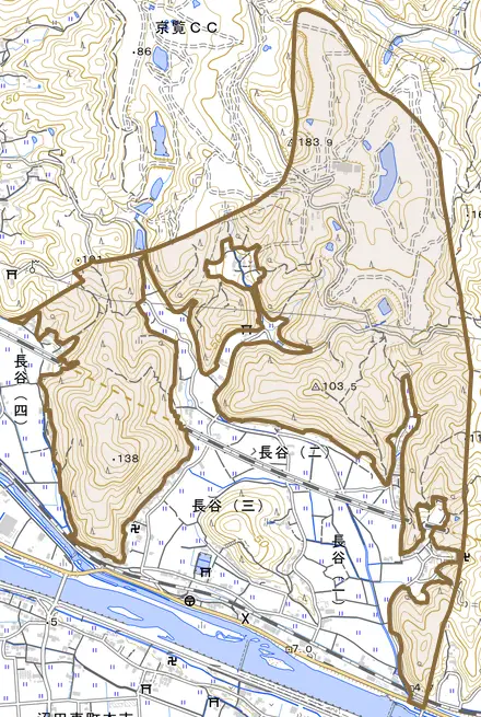長谷町とその周辺の地図。町の範囲を重ねている