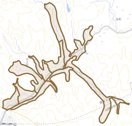 中之町とその周辺の地図。町の範囲を重ねている