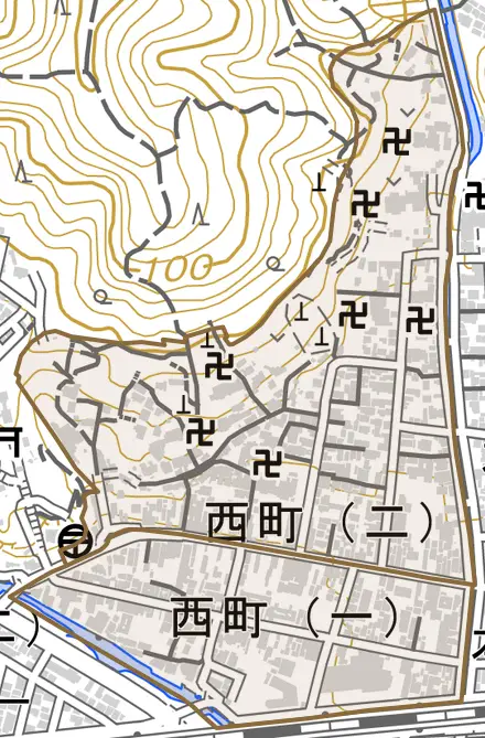 西町とその周辺の地図。町の範囲を重ねている