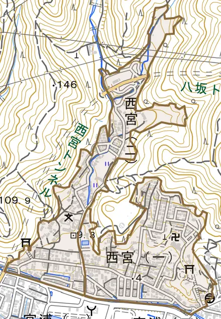 西宮とその周辺の地図。町の範囲を重ねている