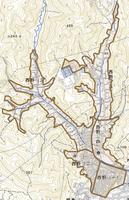 西野とその周辺の地図。町の範囲を重ねている