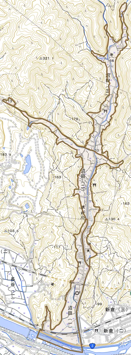 沼田とその周辺の地図。町の範囲を重ねている