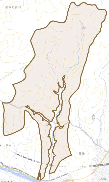 沼田町とその周辺の地図。町の範囲を重ねている