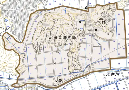 沼田東町片島とその周辺の地図。町の範囲を重ねている