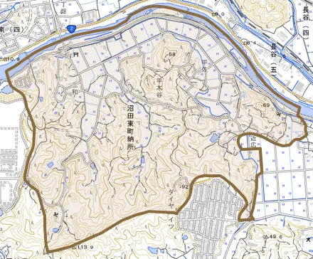 沼田東町納所とその周辺の地図。町の範囲を重ねている