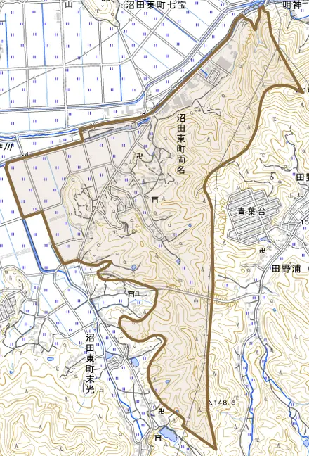 沼田東町両名とその周辺の地図。町の範囲を重ねている
