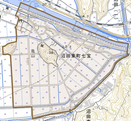 沼田東町七宝とその周辺の地図。町の範囲を重ねている