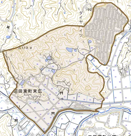 沼田東町末広とその周辺の地図。町の範囲を重ねている