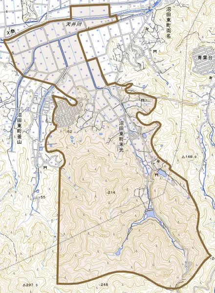 沼田東町末光とその周辺の地図。町の範囲を重ねている
