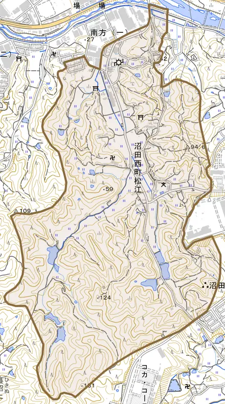 沼田西町松江とその周辺の地図。町の範囲を重ねている