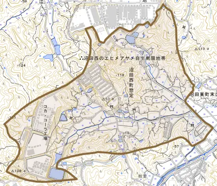 沼田西町惣定とその周辺の地図。町の範囲を重ねている