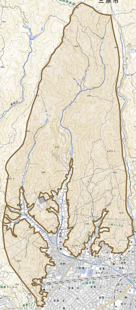 大畑町とその周辺の地図。町の範囲を重ねている