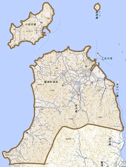 鷺浦町須波とその周辺の地図。町の範囲を重ねている