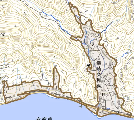 幸崎久和喜とその周辺の地図。町の範囲を重ねている