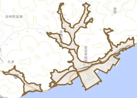 幸崎能地とその周辺の地図。町の範囲を重ねている