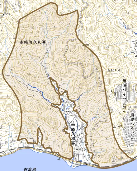 幸崎町久和喜とその周辺の地図。町の範囲を重ねている