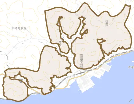 幸崎町能地とその周辺の地図。町の範囲を重ねている