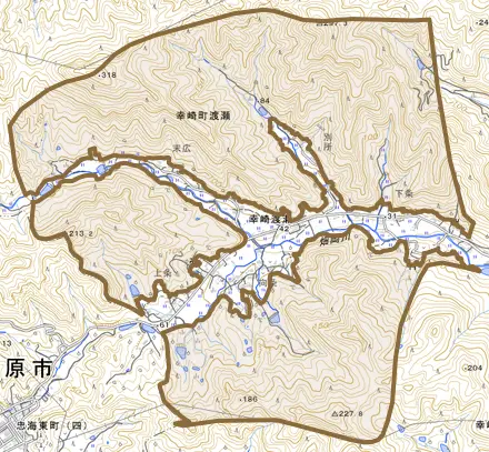 幸崎町渡瀬とその周辺の地図。町の範囲を重ねている