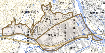 下北方とその周辺の地図。町の範囲を重ねている