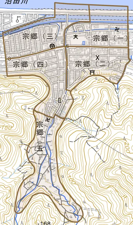 宗郷とその周辺の地図。町の範囲を重ねている