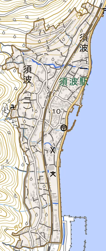 須波とその周辺の地図。町の範囲を重ねている