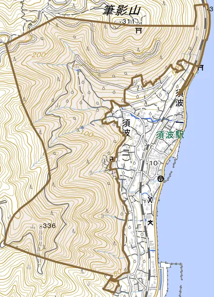 須波町とその周辺の地図。町の範囲を重ねている