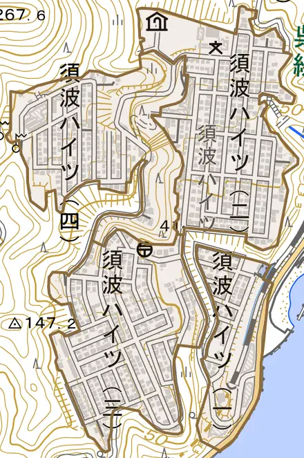 須波ハイツとその周辺の地図。町の範囲を重ねている