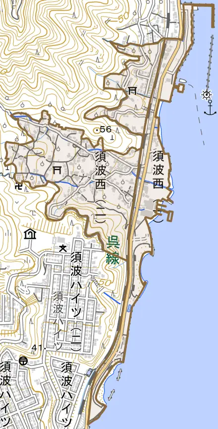 須波西とその周辺の地図。町の範囲を重ねている