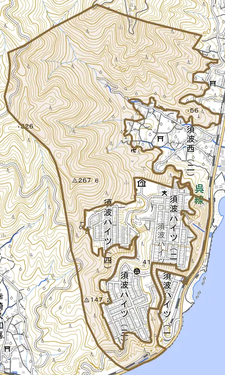 須波西町とその周辺の地図。町の範囲を重ねている
