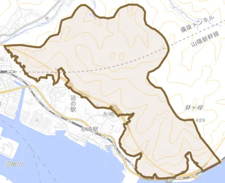 糸崎町とその周辺の地図。町の範囲を重ねている