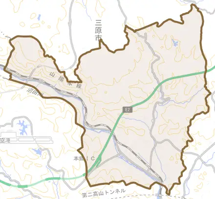 本郷町船木とその周辺の地図。町の範囲を重ねている