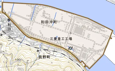 和田沖町とその周辺の地図。町の範囲を重ねている