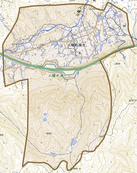 八幡町美生とその周辺の地図。町の範囲を重ねている
