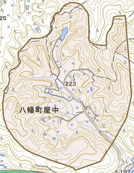 八幡町屋中とその周辺の地図。町の範囲を重ねている