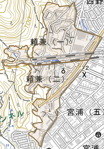 頼兼とその周辺の地図。町の範囲を重ねている